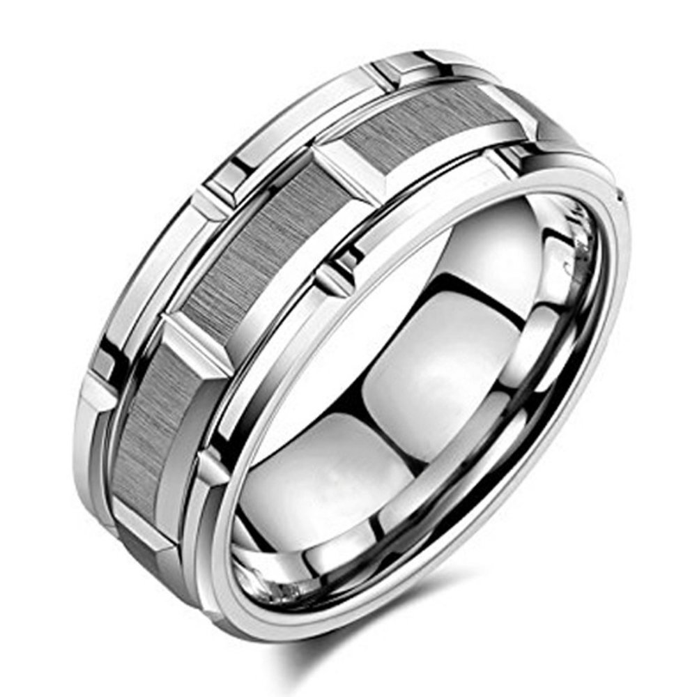 Men's Tungsten Wedding Band (8mm). Silver Tone Brick Pattern Tungsten Ring.